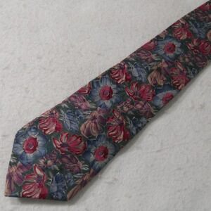 Mario Valentino Mens Necktie OS Blue Burgundy Floral 100% Silk Designer Moody